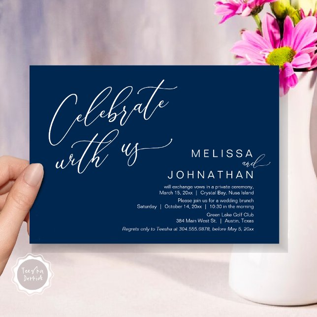 Happily Ever After Wedding Elopement Brunch Invitation (Celebrate with us, Nothing Fancy Just Love, Romantic Wedding Brunch Invitation Card PDF Navy Blue)