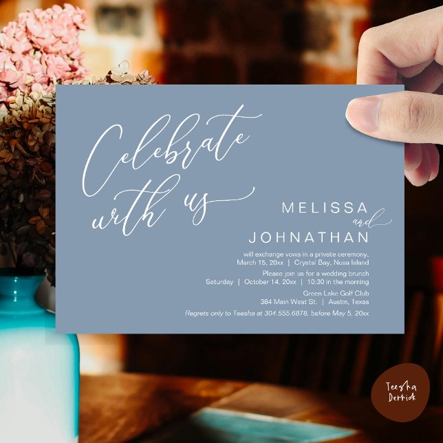 Happily Ever After Wedding Elopement Brunch Invitation (Celebrate with us, Nothing Fancy Just Love, Romantic Wedding Brunch Invitation Card PDF Dusty Blue)