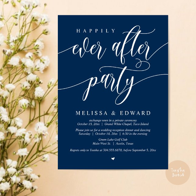 Happily Ever After Wedding Elopement Dinner Party  Invitation (Wedding Happily Ever After Party Dinner Brunch Elopement Invitation Card, PDF, Navy Blue)