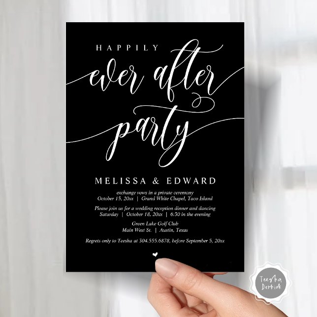 Happily Ever After Wedding Elopement Dinner Party  Invitation (Wedding Happily Ever After Party Dinner Brunch Elopement Invitation Card, PDF, Classy Black)