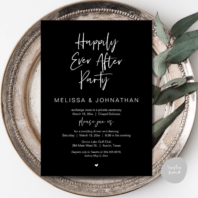 Happily Ever After, Wedding Elopement Dinner Party Invitation (Happily Ever After Party, Wedding Dinner and Dancing Invitation Card, PDF, in Classy Black)