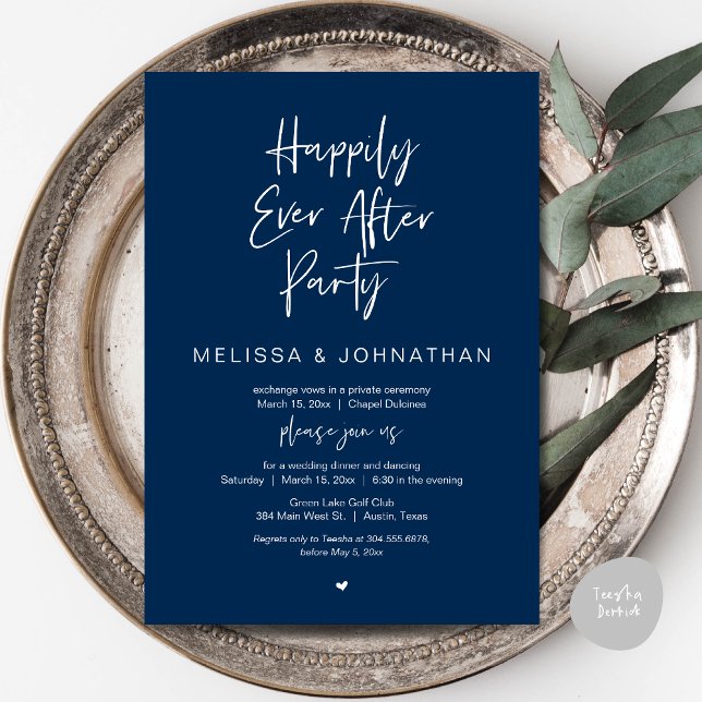 Happily Ever After, Wedding Elopement Dinner Party Invitation (Happily Ever After Party, Wedding Dinner and Dancing Invitation Card, PDF, in Navy Blue)