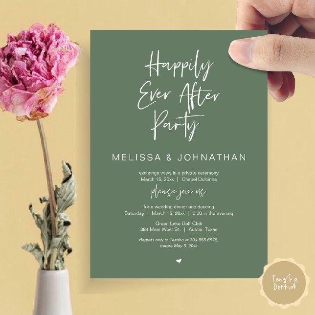 Happily Ever After, Wedding Elopement Dinner Party Invitation (Happily Ever After Party, Wedding Dinner and Dancing Invitation Card, PDF, in Forest Sage Green)