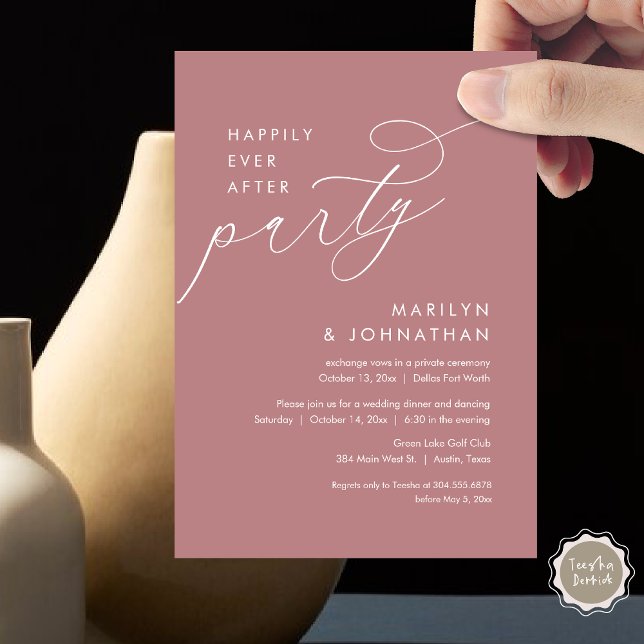 Happily Ever After Wedding Elopement Dinner Party Invitation (Happily Ever After Party, Modern Minimalist Wedding Dinner Invitation Card, PDF, Dusty Rose Pink)
