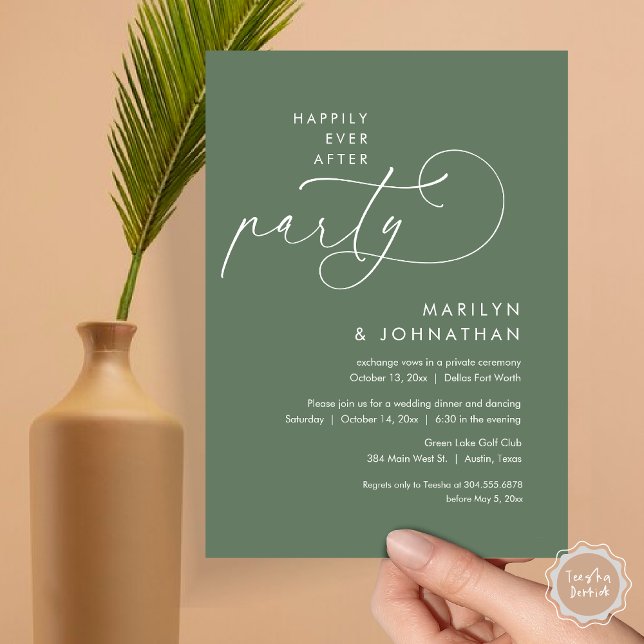 Happily Ever After Wedding Elopement Dinner Party Invitation (Happily Ever After Party, Modern Minimalist Wedding Dinner Invitation Card, PDF, Forest Sage Green)