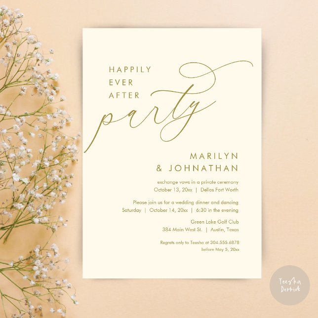 Happily Ever After Wedding Elopement Dinner Party Invitation (Happily Ever After Party, Modern Minimalist Wedding Dinner Invitation Card, PDF, retro yellow gold)