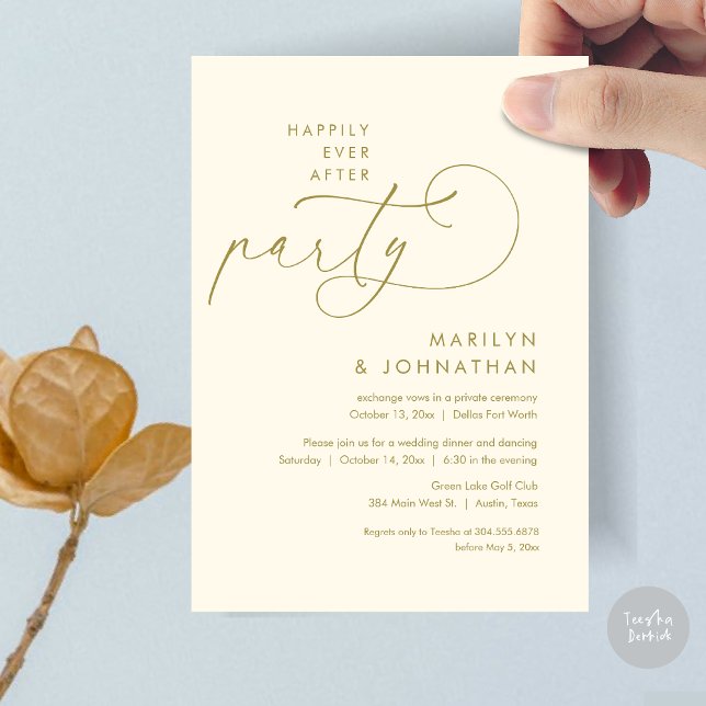 Happily Ever After Wedding Elopement Dinner Party Invitation (Happily Ever After Party, Modern Minimalist Wedding Dinner Invitation Card, PDF, retro yellow gold)