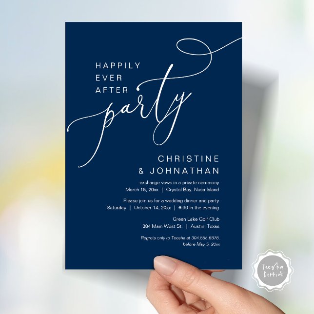 Happily Ever After Wedding Elopement Party Invitat Invitation (Happily Ever After Party, Wedding Elopement Brunch, Dinner or Lunch Invitation Card in Navy Blue)