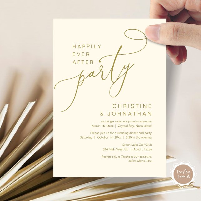 Happily Ever After Wedding Elopement Party Invitat Invitation (Happily Ever After Party, Wedding Elopement Brunch, Dinner or Lunch Invitation Card in Classy Gold)