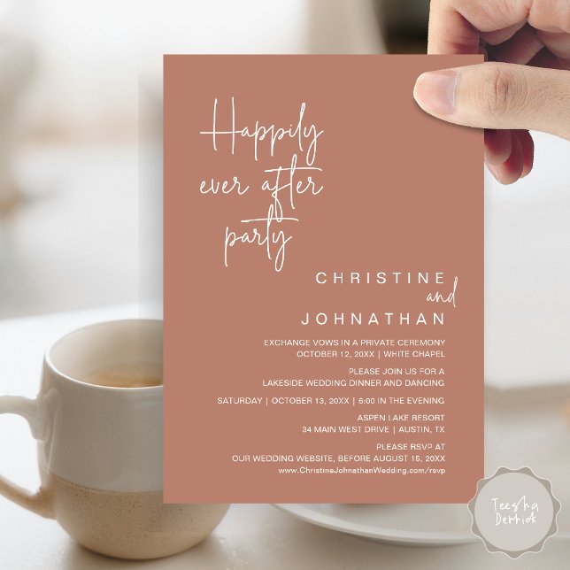 Happily Ever After Wedding Elopement Party Invitat Invitation (Happily Ever After Wedding Elopement Dinner Brunch Lunch Party Invites Card, PDF, Terracotta Brown)