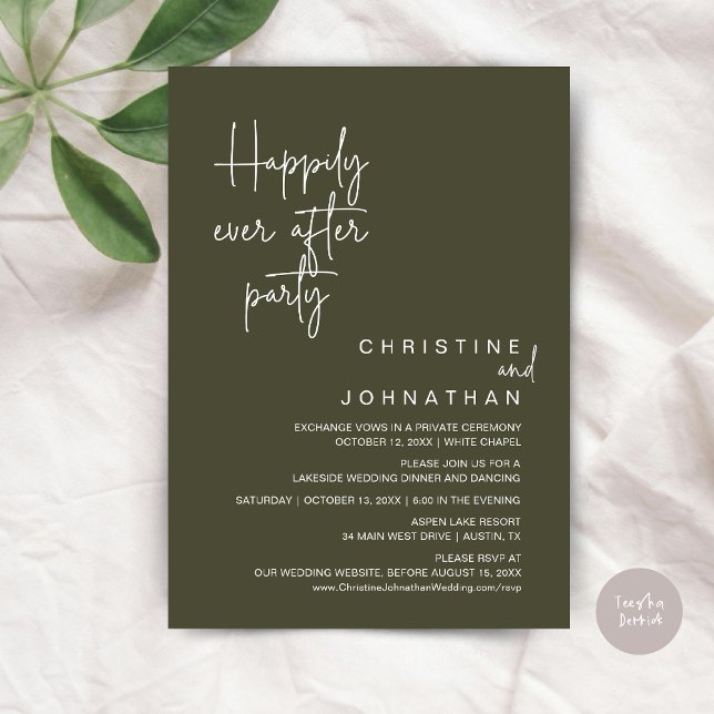 Happily Ever After Wedding Elopement Party Invitat Invitation (Happily Ever After Wedding Elopement Dinner Brunch Lunch Party Invites Card, PDF, Olive Green)