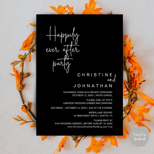 Happily Ever After Wedding Elopement Party Invitat Invitation (Happily Ever After Wedding Elopement Dinner Brunch Lunch Party Invites Card, PDF, Classy Black)