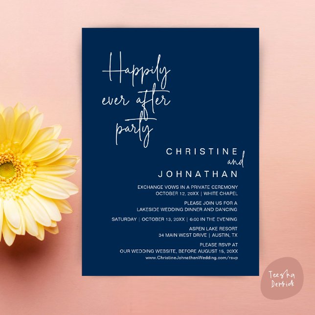 Happily Ever After Wedding Elopement Party Invitat Invitation (Happily Ever After Wedding Elopement Dinner Brunch Lunch Party Invites Card, PDF, Navy Blue)