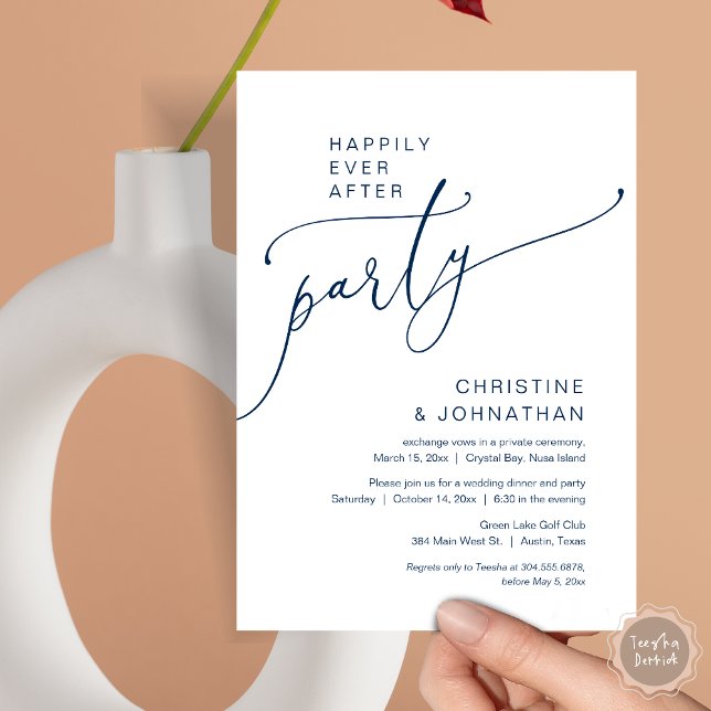 Happily Ever After Wedding Elopement Party Invitation (Happily Ever After Party, Modern Romantic Wedding Elopement Dinner Invitation Card, in Navy Blue)