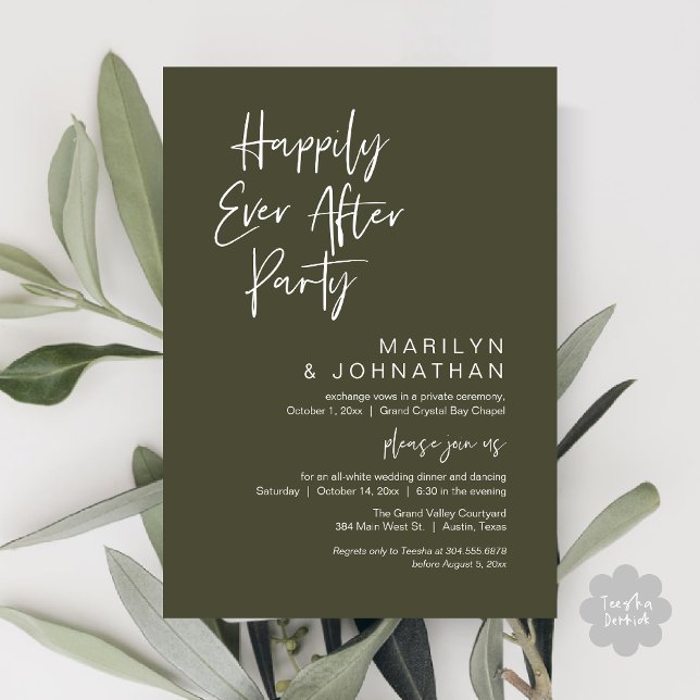 Happily Ever After, Wedding Elopement Party Invitation (Happily Ever After Party Invitation Card PDF Modern Wedding Dinner Dancing  Olive Green)