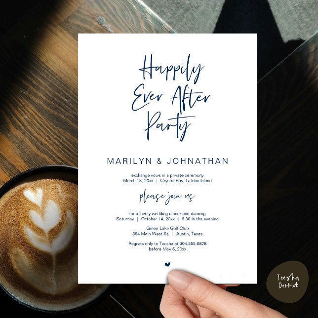 Happily Ever After, Wedding Elopement Party Invitation (Happily Ever After, Wedding Elopement Modern Summer Party Invitation Card, PDF, in Navy Blue)