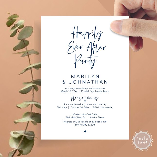 Happily Ever After, Wedding Elopement Party Invitation (Happily Ever After, Wedding Elopement Modern Summer Party Invitation Card, PDF, in Navy Blue)