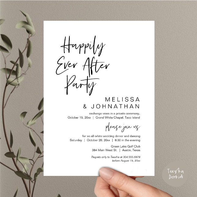 Happily Ever After, Wedding Elopement Party Invitation (Happily Ever After Party Invitation Card, PDF, Wedding Elopement Dinner Brunch Lunch, White Black)