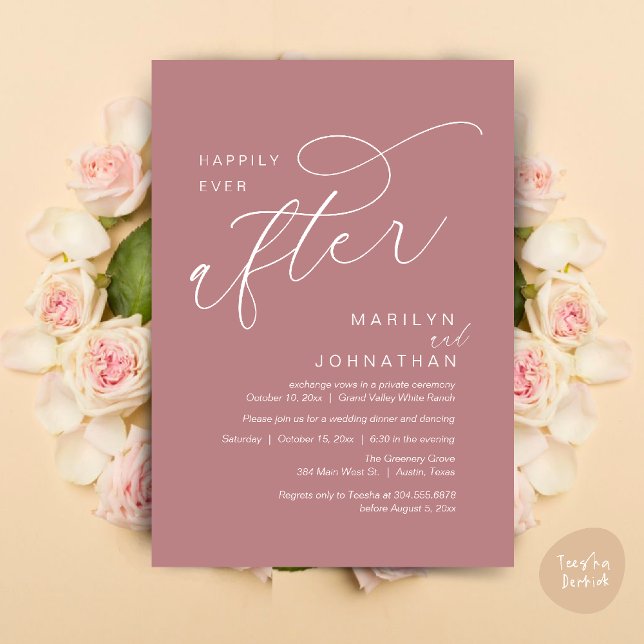 Happily Ever After Wedding Party Dinner Dancing Invitation (Romantic Happily Ever After Wedding Dinner Party Lunch Brunch Invitation PDF Card Dusty Rose Pink)