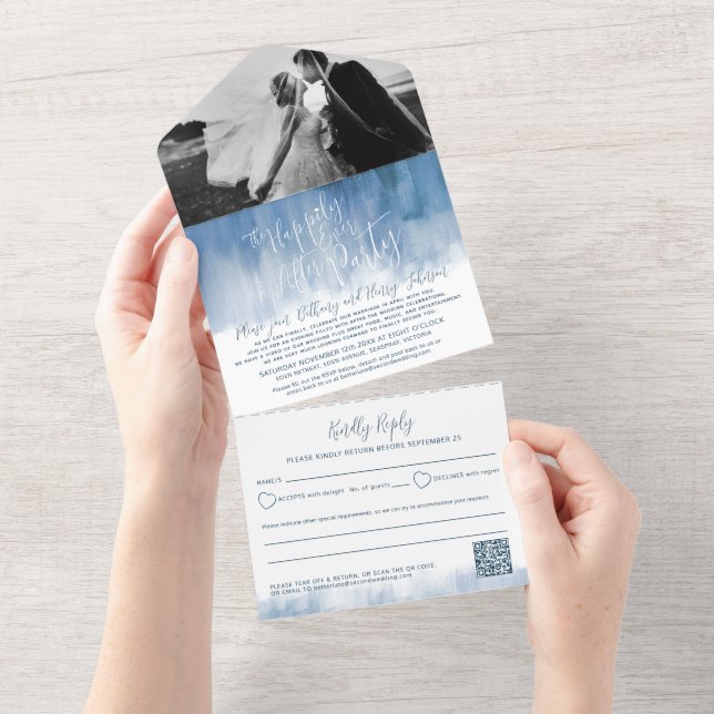 Happily ever after wedding party photo blue grey all in one invitation (Tearaway)