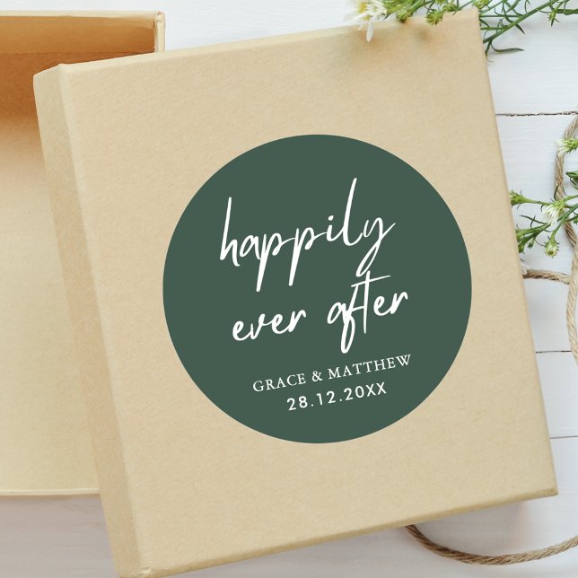 Happily Ever After Wedding Reception Emerald Green Classic Round Sticker (Happily ever after sticker creates a luxurious touch for memorable wedding favors.)