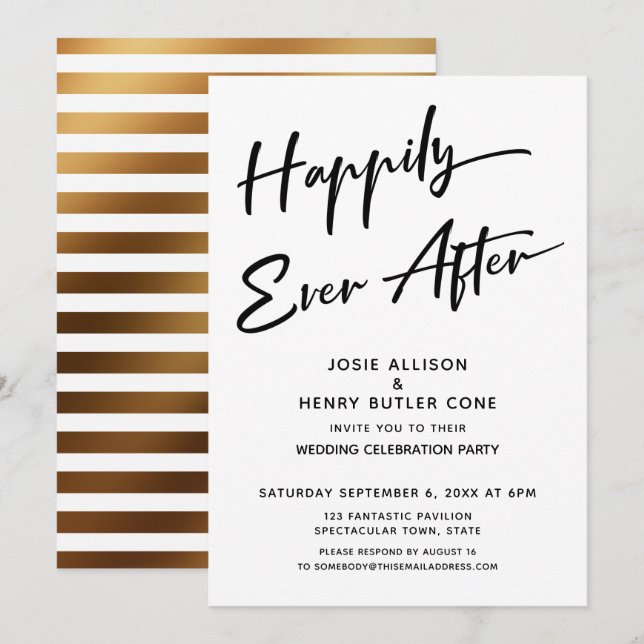 Happily Ever After Wedding Reception + Gold Stripe Invitation (Front/Back)