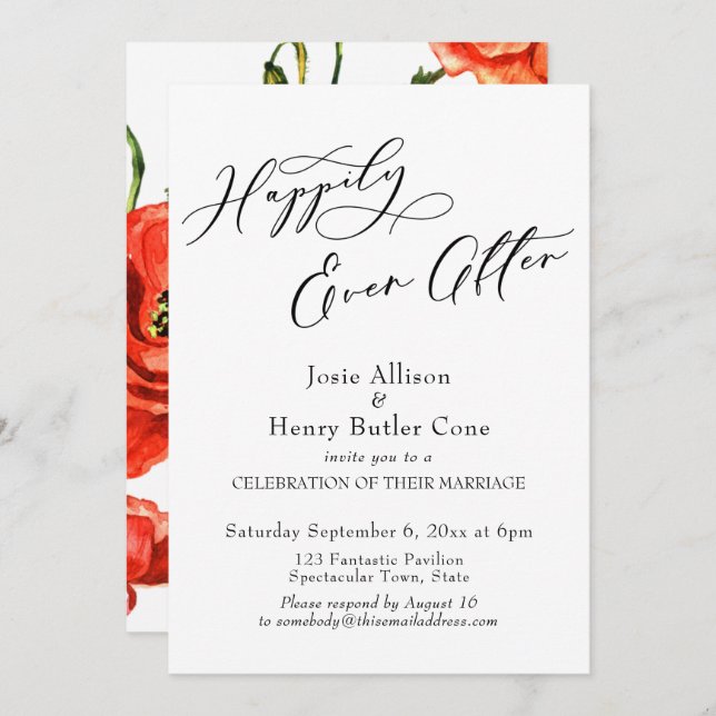 Happily Ever After Wedding Reception, Red Poppies Invitation (Front/Back)