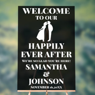 Happily Ever After Wedding Welcome Black Acrylic Sign