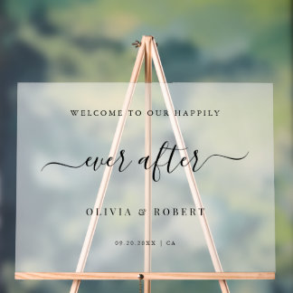 Happily Ever After Wedding Welcome Frosted Script Acrylic Sign