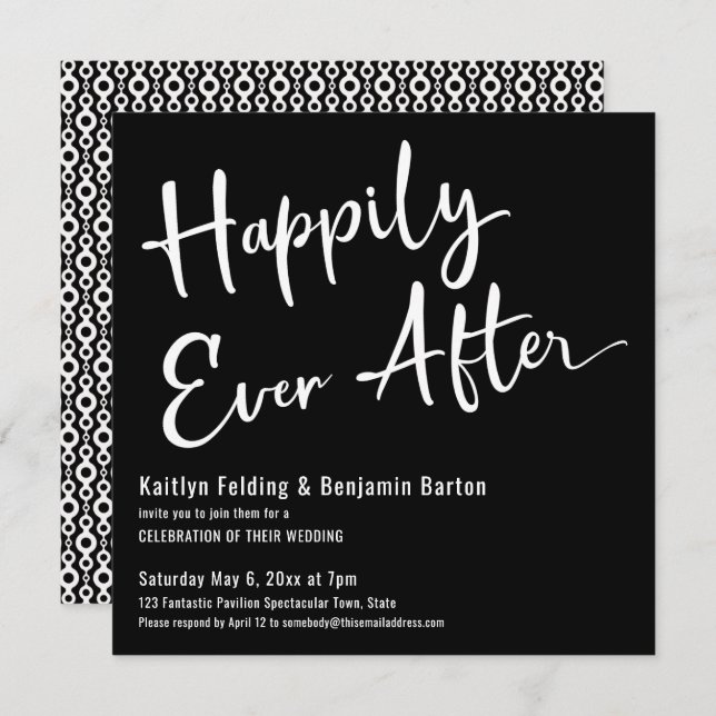Happily Ever After White on Black Wedding Party Invitation (Front/Back)