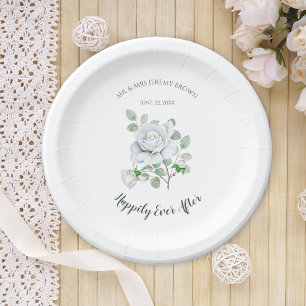 Happily Ever After White Rose Wedding Paper Plates