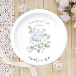 Happily Ever After White Rose Wedding Paper Plates