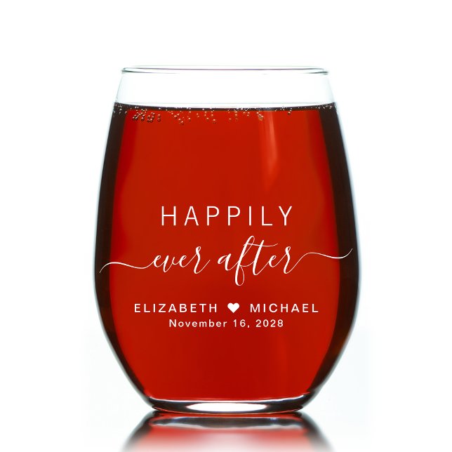 Happily Ever After White Script Wedding Stemless Wine Glass (Creator Uploaded)