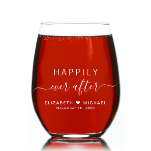 Happily Ever After White Script Wedding Stemless Wine Glass