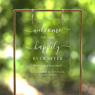 Happily Ever After White Script Wedding Welcome Acrylic Sign