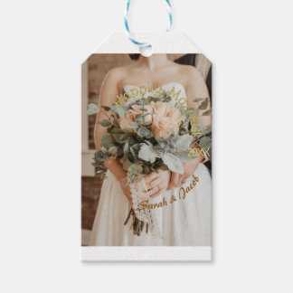 HAPPILY MARRIED YELLOW GREEN PASTEL BROWN PHOTO YE GIFT TAGS