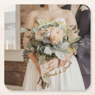 HAPPILY MARRIED YELLOW GREEN PASTEL BROWN PHOTO YE SQUARE PAPER COASTER