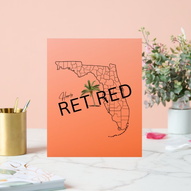 Happily Retired Florida Map and Tropical Palm Tree Acrylic Sign (Wedding)