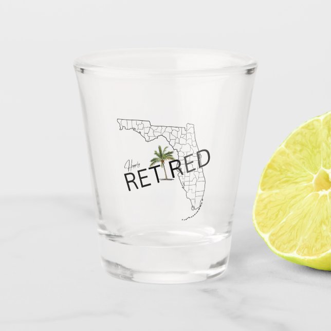 Happily Retired Florida Map and Tropical Palm Tree Shot Glass (Front)