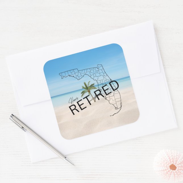 Happily Retired Florida Map and Tropical Palm Tree Square Sticker (Envelope)