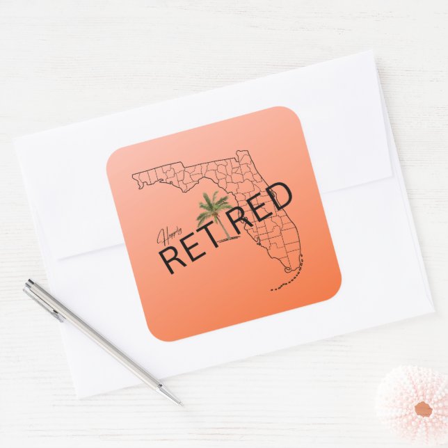 Happily Retired Florida Map and Tropical Palm Tree Square Sticker (Envelope)