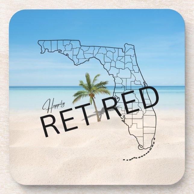 Happily Retired Florida Tropical Beach & Palm Tree Coaster (Front)