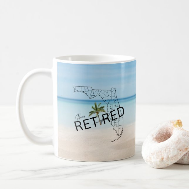 Happily Retired Florida Tropical Beach & Palm Tree Coffee Mug (With Donut)