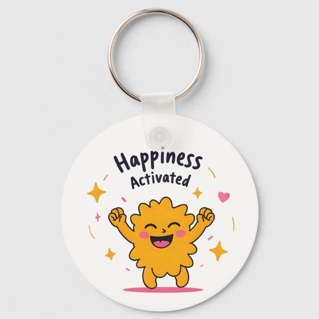 Happiness Activated – Cute Doodle Joy Character Key Ring (Front)
