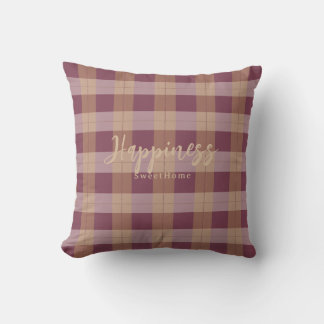 Happiness Burgundy Plaid Rustic Custom Quote Cushion