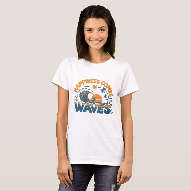 Happiness Comes in Waves Retro Beach  T-Shirt (Front Full)