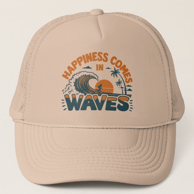Happiness Comes in Waves Retro Beach  Trucker Hat (Front)