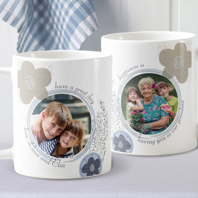 Happiness is ..  2 Photo Blue Grey Pop Art Flower Coffee Mug (Creator Uploaded)