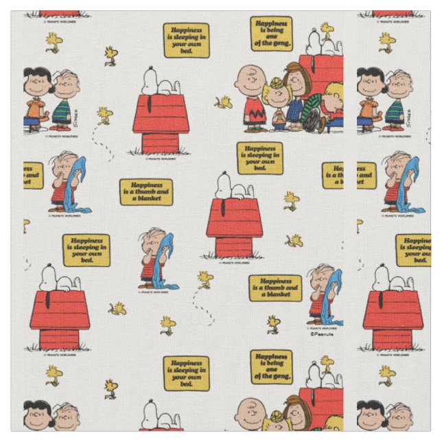 Happiness Is! Classic Peanuts Gang Quote Fabric (Close Up)