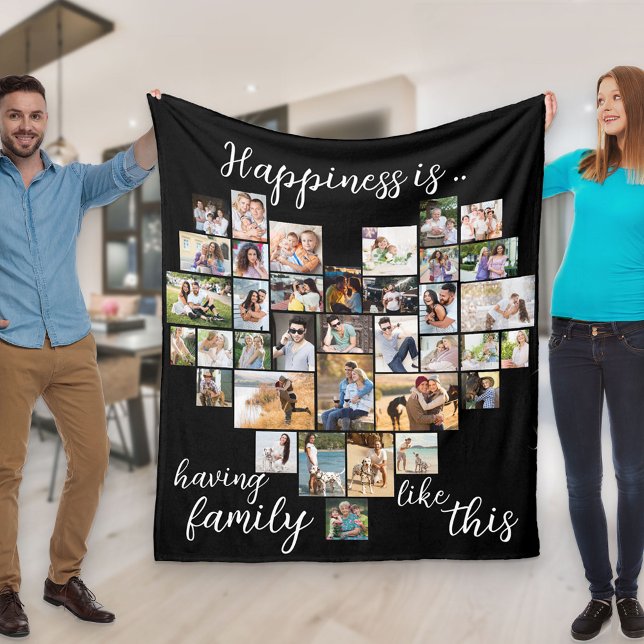 Happiness is Heart Shaped 36 Photo Collage Black Fleece Blanket (Creator Uploaded)